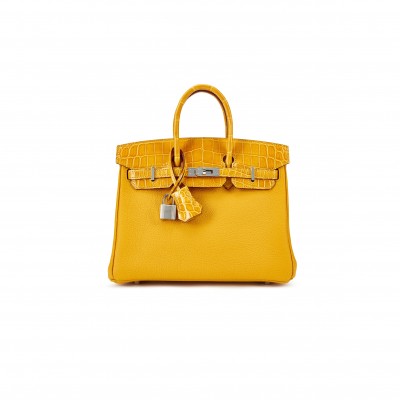HERMÈS MASTER BIRKIN 25 CROCODILE AND TOGO LEATHER AMBER SILVER BUCKLE H076216CK22 (25*20*13cm)